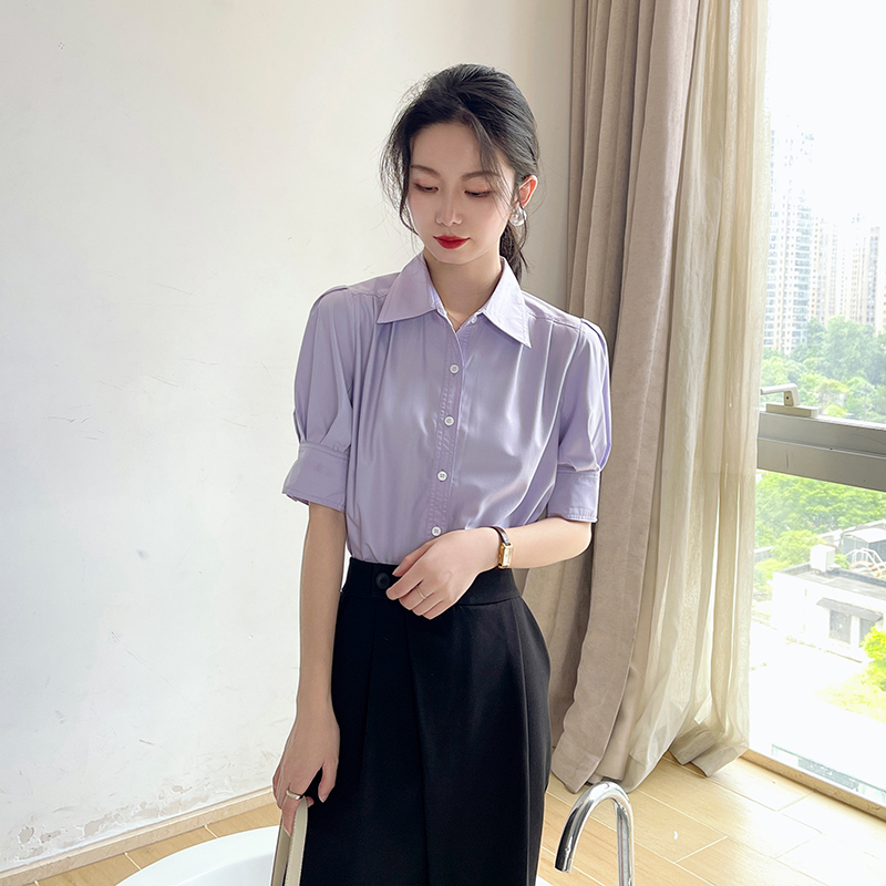 法式泡泡袖短袖抗皱衬衫
