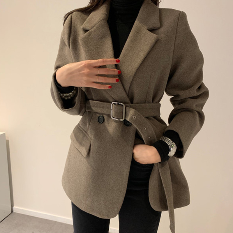 2025秋冬新款系带纯色小西装炸街时尚休闲 韩版加厚毛呢大衣外套