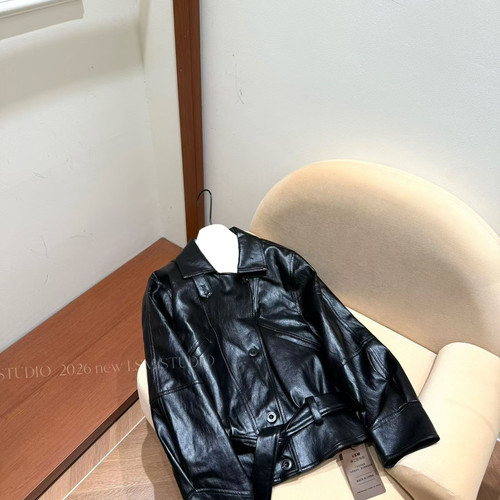 冬上新时尚新款机车翻领腰带收腰夹克百搭宽松系带显瘦PU皮衣9088