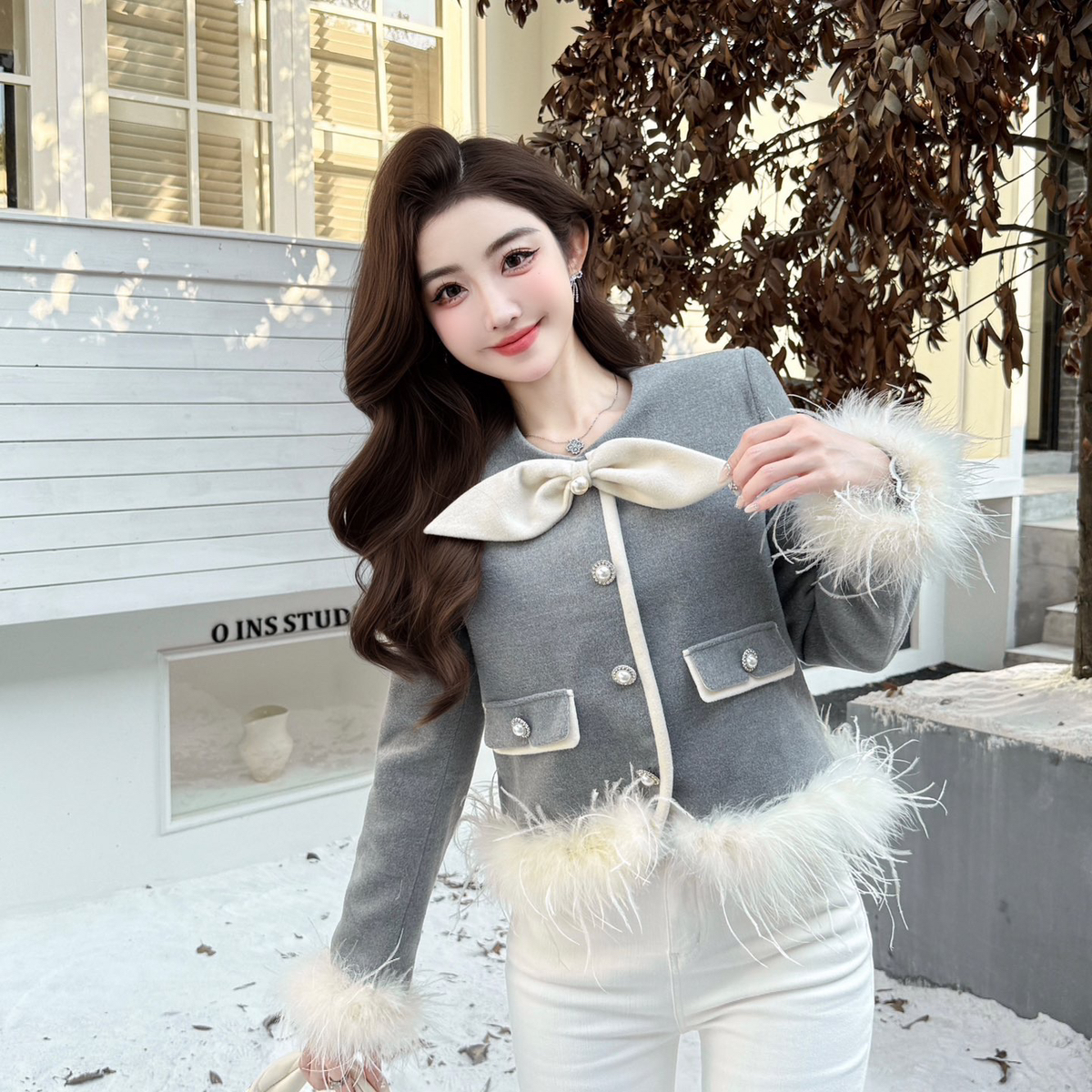 童心家蝶结毛边外套短外套含10羊毛羽绒内胆可脱卸羽毛X5105