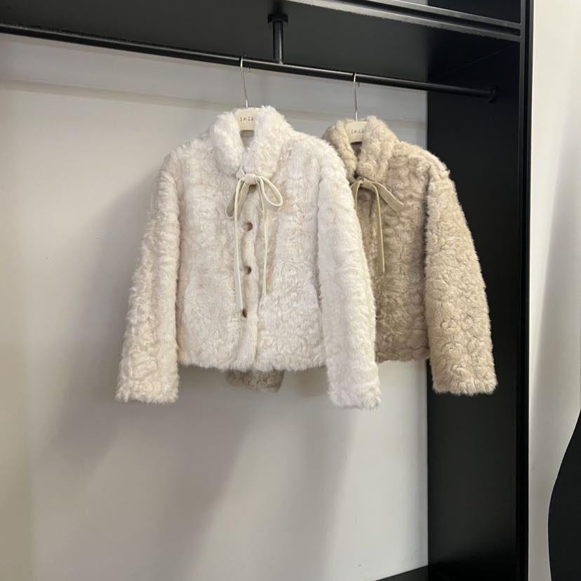 童心小众冬上新时尚百搭立领单排扣打结短外套18583