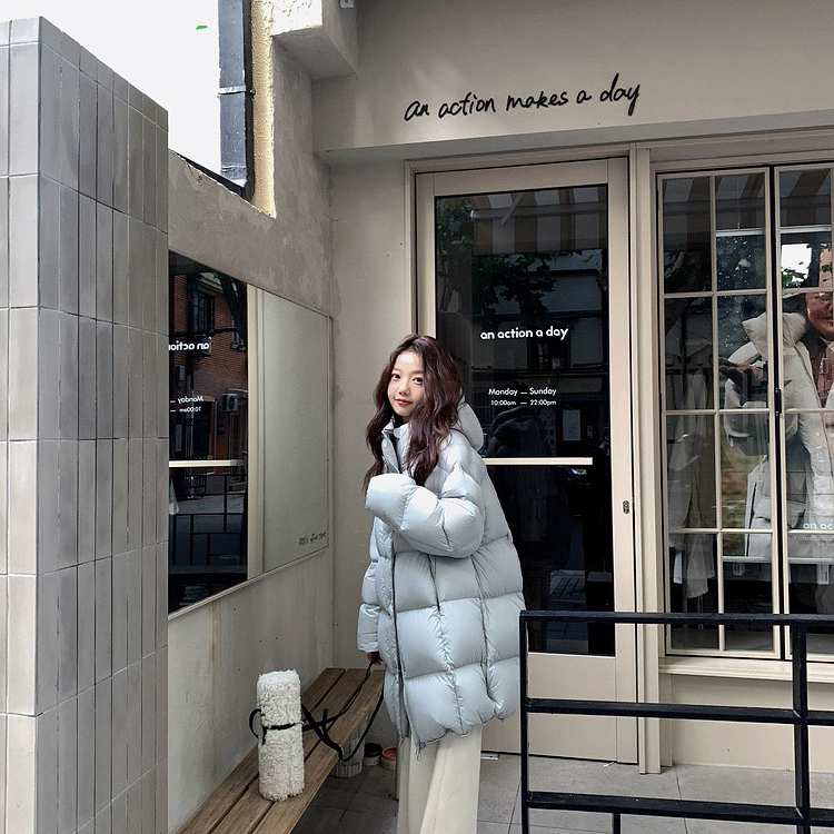 童心小众冬上新简约宽松中长款连帽保暖羽绒服外套9036