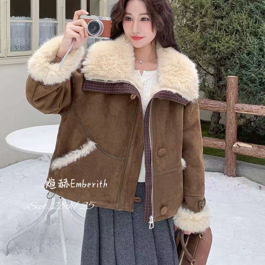 童心小众接毛毛袖边大翻领麂皮绒环保皮毛短外套S1-MDD11077