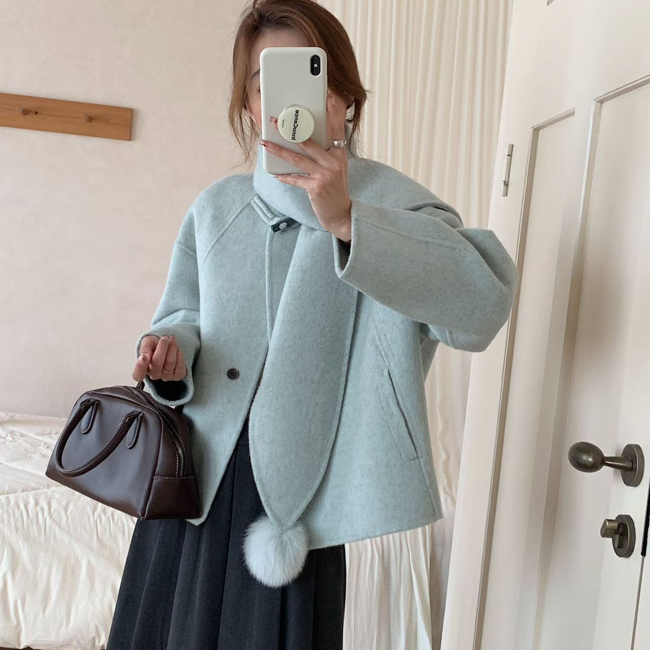 童心小众女小个子毛呢羊毛外套(配毛绒球围巾)（含100澳毛）CY6