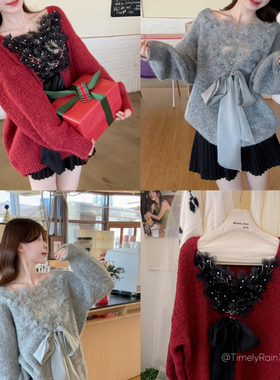 童心小众设计重工艺烫砖蝴蝶结两穿毛衣(配蝴蝶结)Q-45890