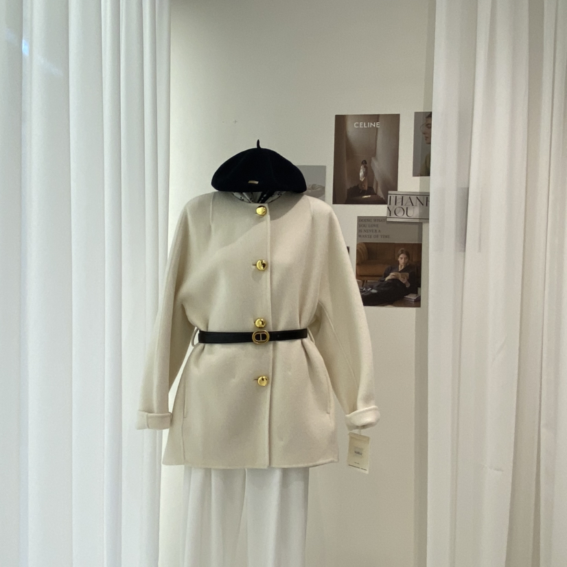 童心家物反-身金色纽扣腰带设计羊毛外套配腰带含80羊毛98