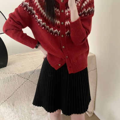 童心设计毛售完不补复古费尔岛开衫保暖毛衣（含100羊毛）MT313-1