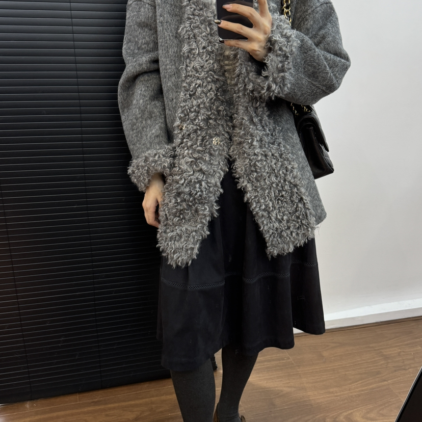 童心慵懒风卷毛宽松中长款羊毛外套（含91.6绵羊毛）866-25137