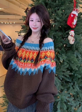 童心小众设计古小众设计感撞色提花一字肩加厚毛衣Q-68212