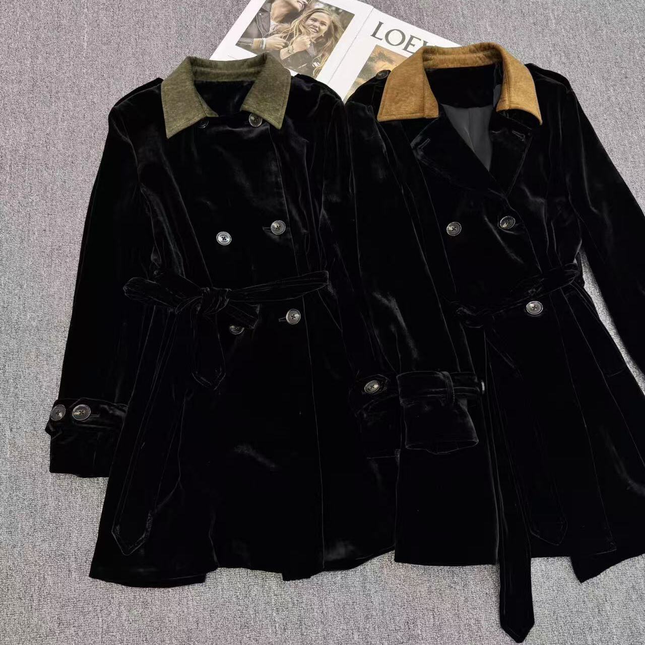 童心家新100桑蚕丝立体撞色中长款时尚精致款风衣配腰绳9036