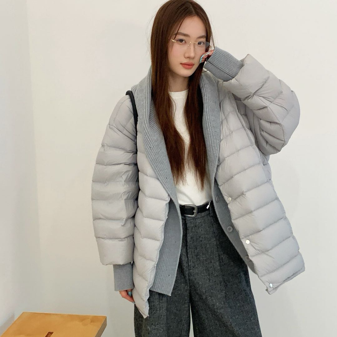 童心冬上新韩系假两件针织拼接连帽宽松休闲保暖羽绒服外套T-011