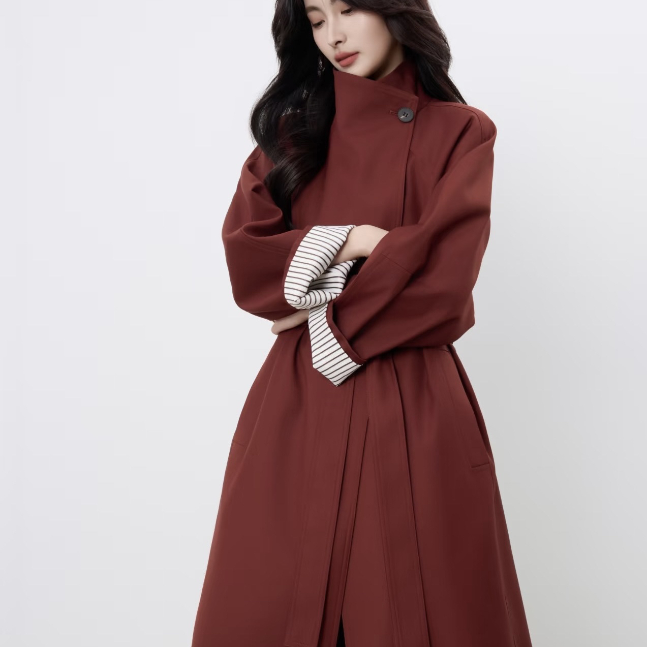 童心家新通勤百搭翻领开襟外套风衣(配腰绳)（含20真丝）YS3-WD21