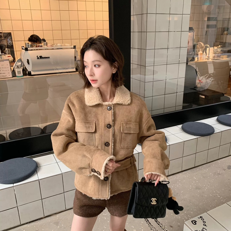 童心小众计感时尚拼接百搭羊毛外套(配腰带)（含100绵羊毛）2507