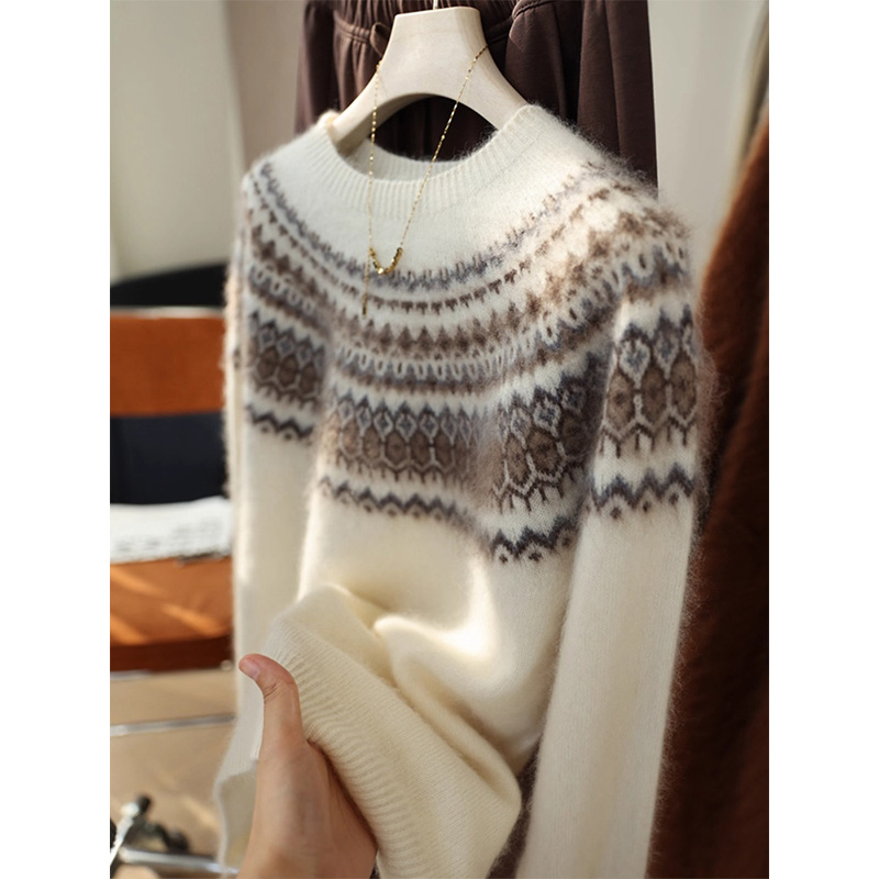 北欧费尔岛山羊绒毛衣女冬季厚实重工慵懒复古提花拉绒针织羊毛衫