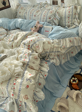 韩系春夏小碎花荷叶花边水洗棉四件套小红书氛围感母婴级床裙被套