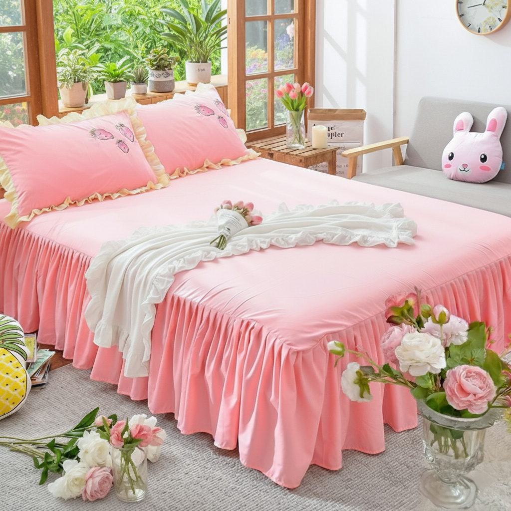 公主风纯玉色单床裙磨毛棉单件荷叶边防尘保护套床罩床单床上用品