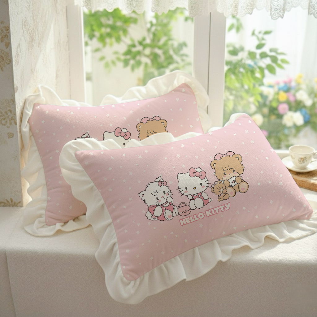 kitty猫喵牛奶绒花边枕套独创加厚双面绒萌宠床头腰靠枕头芯套皮