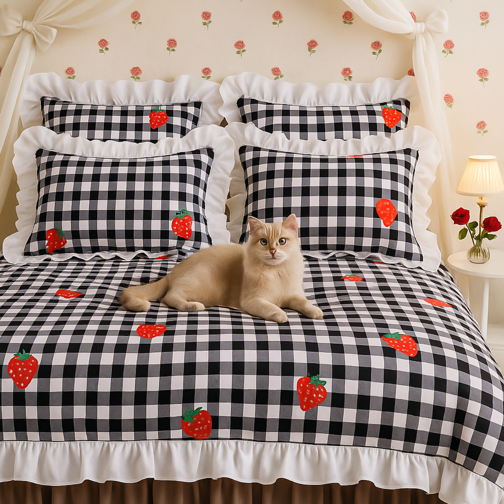 草莓黑白格子床上用品床裙款四件套单被套被罩学生宿舍耐脏公寓