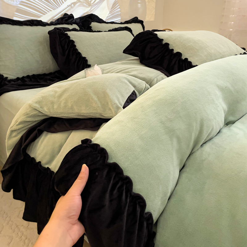绿色韩式风床品三四件套双面绒冬季加厚保暖珊瑚绒牛奶绒暖冬被套