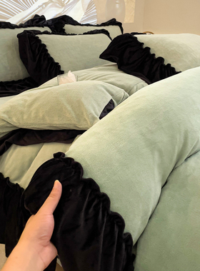 绿色韩式风床品三四件套双面绒冬季加厚保暖珊瑚绒牛奶绒暖冬被套