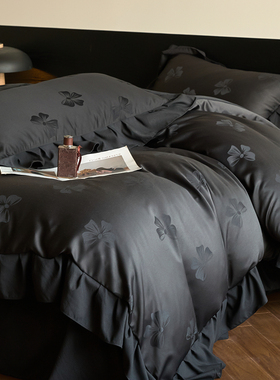 黑色助眠水洗棉提花蝴蝶结四件套高克重宽边荷叶边韩式风床品被套