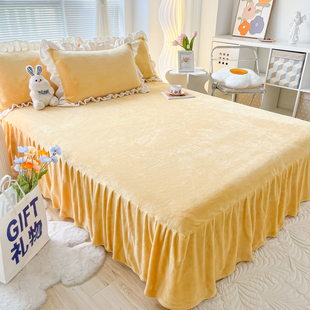 奶油黄加绒单床裙牛奶珊瑚绒加厚枕套三件套保暖床罩花边冬季 单件