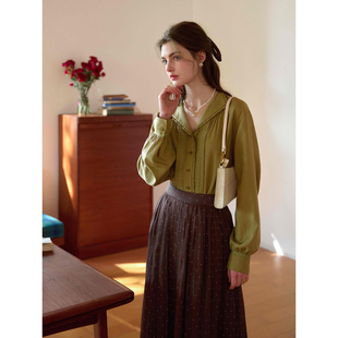 SimpleRetro苔青絮语 天丝亚麻法式翻领打条长袖衬衫女春显瘦衬衣