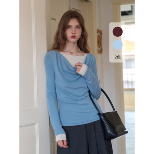 上衣 撞色假两件荡领t恤女春设计感长袖 SimpleRetro午后微风 法式