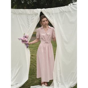 SimpleRetro全棉通勤v领扭结条纹连衣裙女气质衬衫裙子