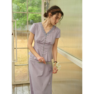 0点新品 9折 法式 裙子女显瘦 精致亚麻棉V领蕾丝绣花套装