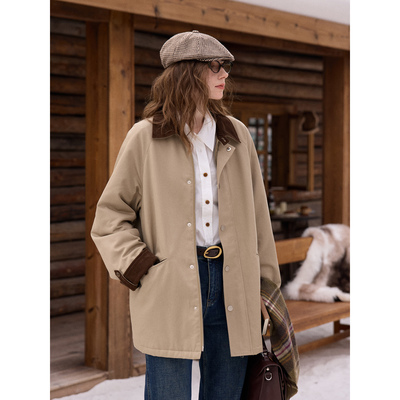SimpleRetro野雀回声 法式撞色拼接中长款夹棉风衣轻薄棉服外套女