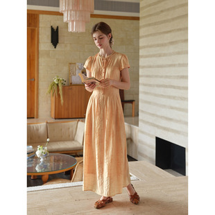 莱赛尔提花法式 9折 连衣裙女v领系带收腰a字长裙 0点新品