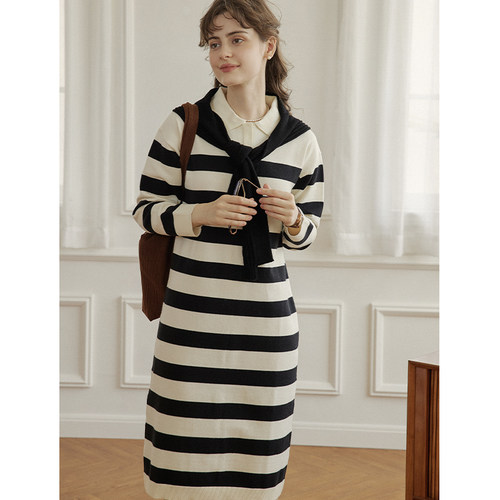 直筒连衣裙条纹polo翻领长袖