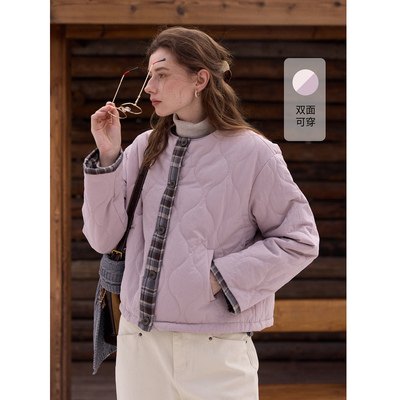 SimpleRetro香草戚风 洋气轻薄两面穿短款棉服外套女菱格圆领上衣