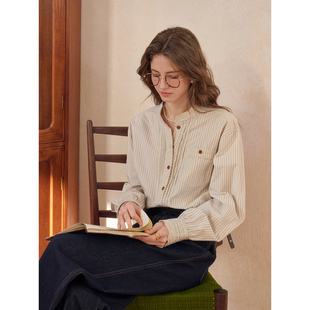 SimpleRetro暖杏织纹 法式全棉磨毛条纹衬衫女割边绣立领通勤衬衣