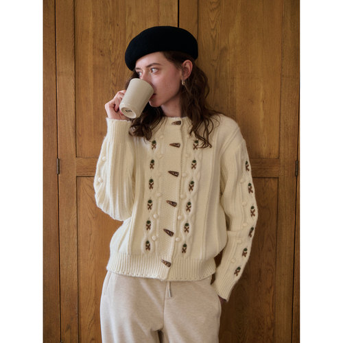 SimpleRetro莫奈花园 复古刺绣牛角扣针织开衫女冬慵懒感毛衣外套