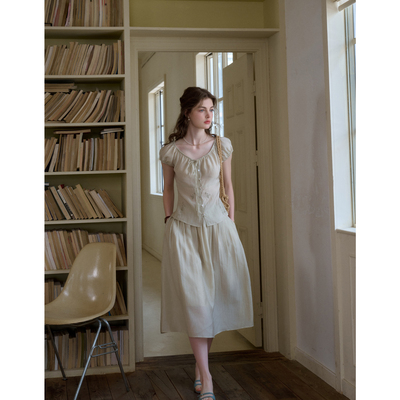 SimpleRetro游丝轻语 凉感天丝复古V领植物系刺绣套装裙/小衫半裙