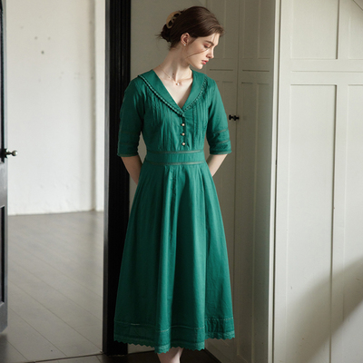 松石绿五分袖连衣裙高腰A字版型