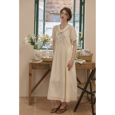 SimpleRetro花神花园古典主义两穿法式连衣裙滚边领亚麻长裙子