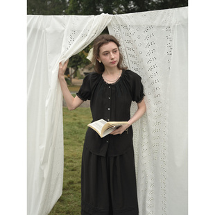 衬衫 女短袖 半身裙两件套 天丝黑色套装 SimpleRetro法式