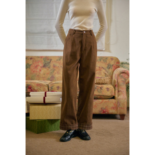 女百搭直筒阔腿裤 SimpleRetro墨本冬天 复古格纹翻边灯芯绒休闲裤