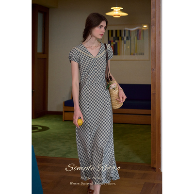 SimpleRetro海军领收腰格纹连衣裙女复古茶歇长裙知识分子连衣裙