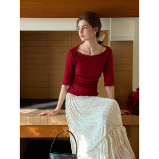 坑条针织T恤女春修身 红色五分袖 上衣 法式 SimpleRetro绯色情人节