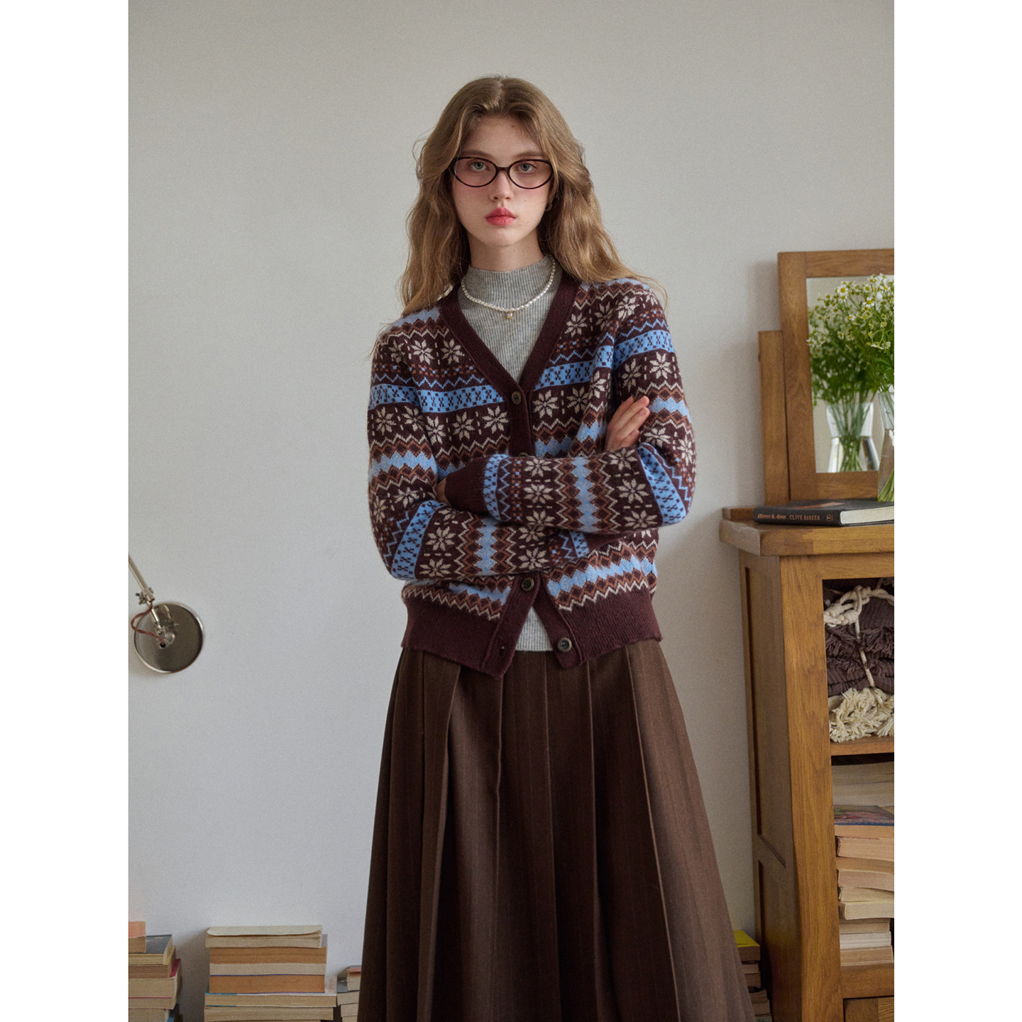 SimpleRetro雪后松林 全羊毛雪花提花v领费尔岛针织衫女开衫外套