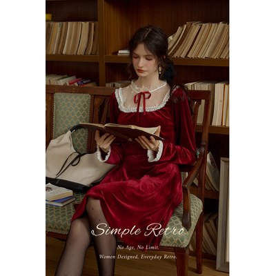 SimpleRetro天鹅湖晚宴 复古宫廷风丝绒连衣裙女秋法式蕾丝小裙子