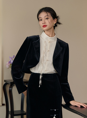 SimpleRetro雨染墨香 黑色短款丝绒外套女春冬气质开衫小上衣