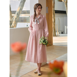 SimpleRetro初恋回忆 天丝亚麻粉色polol领连衣裙女法式衬衫长裙