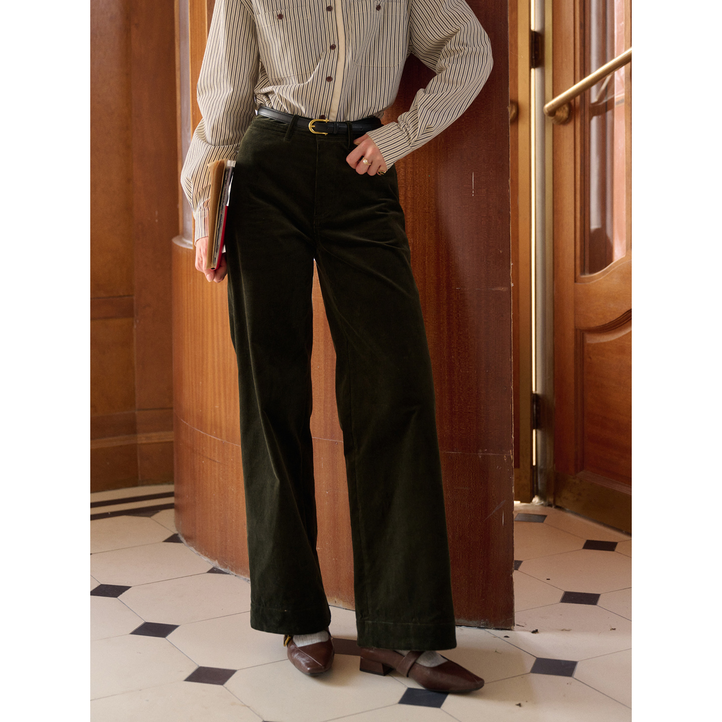 【10/20 20点新品88折】SimpleRetro法式复古撞色灯芯绒休闲裤女