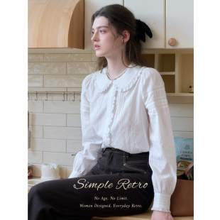 气质长袖 SimpleRetro白茶蛋糕 女秋季 娃娃领白色衬衫 上衣 全棉法式