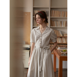 SimpleRetro晓风轻拂 法式全棉小v领格纹衬衫连衣裙女短袖a字裙子